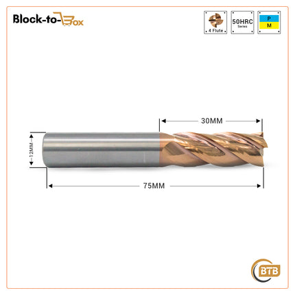 BTB 4 Flute Solid Carbide Endmill-Coated/BEN4-12MM X 30 FL X 75 OAL 4FLT