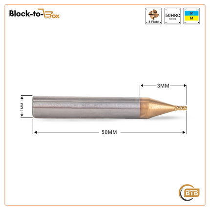 BTB 4 Flute Solid Carbide Endmill-Coated/BEN4-1MM X 3 FL X 50 OAL 4FLT