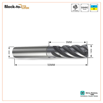 MRW Short Solid Carbide Square Endmills 4 Flute HRC 65 Cut Dia 1MM Shank Dia 4MM Flute Length 3MM OAL 50MM Coated