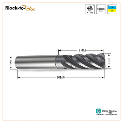 MRW Short Solid Carbide Square Endmills 4 Flute HRC 65 Cut Dia 3MM Shank Dia 4MM Flute Length 8MM OAL 50MM Coated