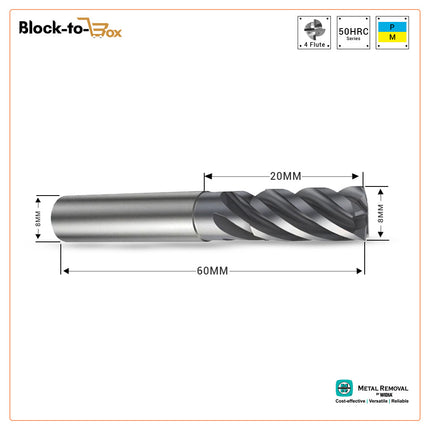 MRW Short Solid Carbide Square Endmills 4 Flute HRC 65 Cut Dia 8MM Shank Dia 8MM Flute Length 20MM OAL 60MM Coated