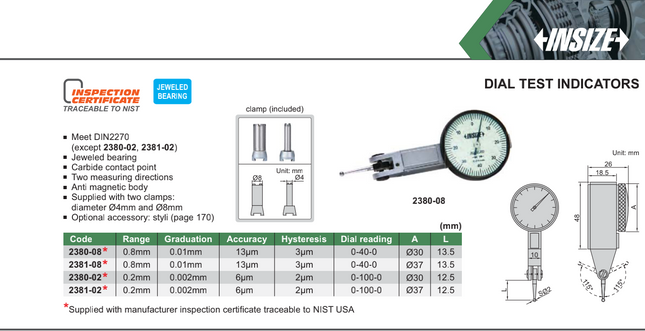 Insize Dial Test Indicators-2 Microns