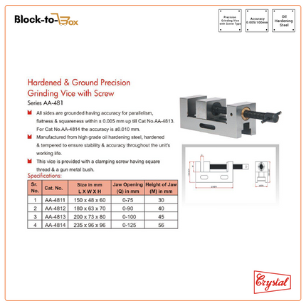 Crystal Hardened & Ground Precision Grinding Vice With Screw