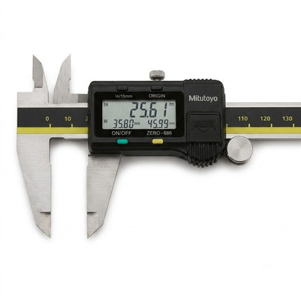 A digital caliper from the brand Mitutoyo, featuring a black plastic housing with a backlit LCD screen showing measurements, and silver stainless steel jaws and scale.