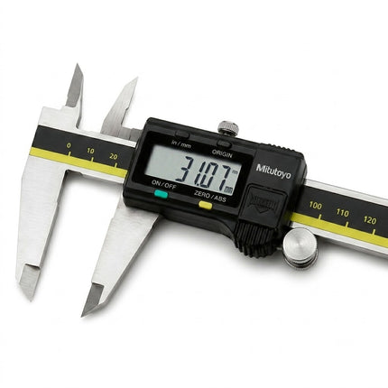 A Mitutoyo digital caliper with a black plastic housing and silver stainless steel jaws, featuring a digital LCD screen showing 3.107 inches.