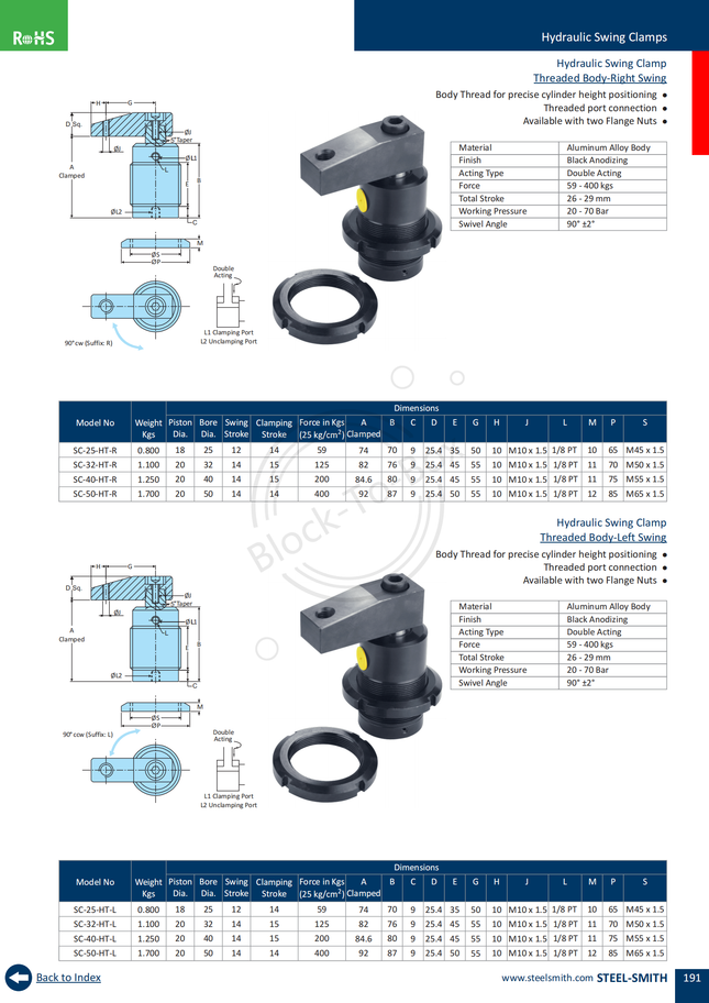 Hydraulic Swing Clamp Threaded Body-Left Swing