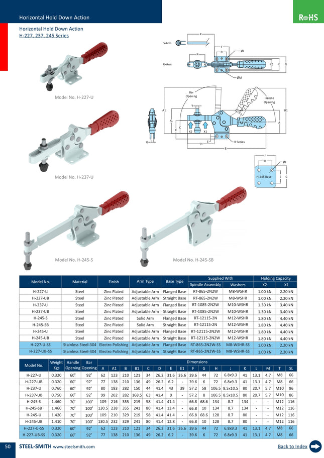 Horizontal Hold Down Action H-227, 237, 245 Series