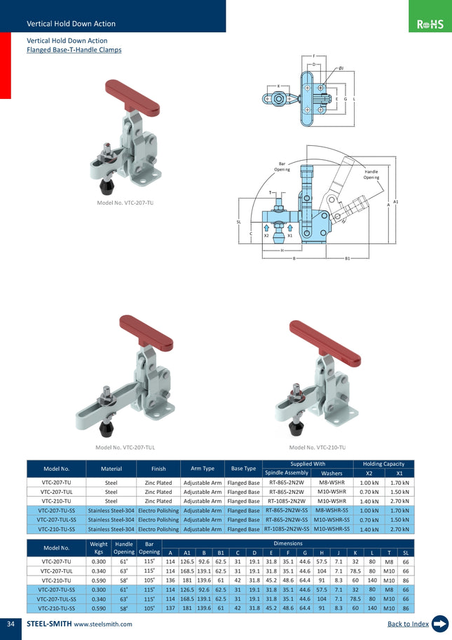 Vertical Hold Down Action Flanged Base-T-Handle Clamps (201,207 Series)