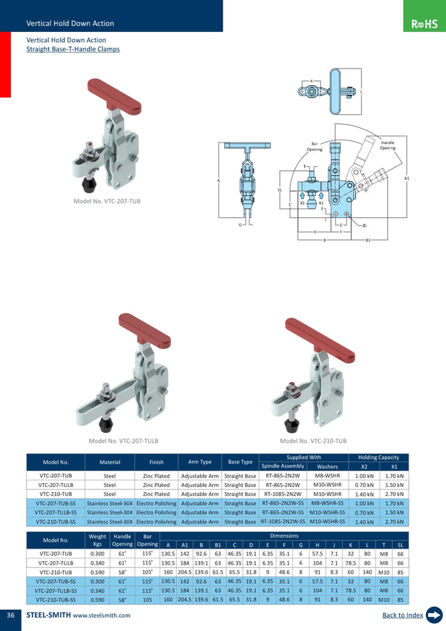 Vertical Hold Down Action Straight Base-T-Handle Clamps (207,210 Series)