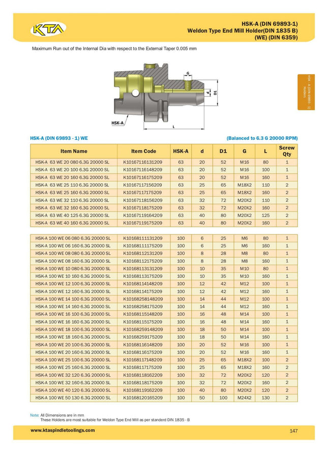 KTA HSK-A 63 Weldon Type Endmill Holder