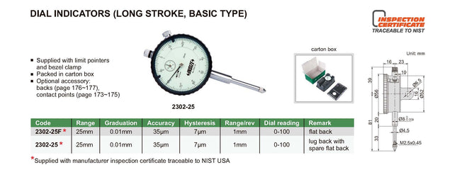 Insize Dial Indicator (Long Stroke, Basic Type)-2302 Series