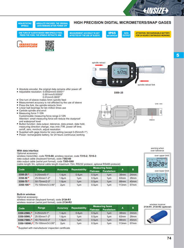 Insize High Precision Digital Micrometers/Snap Gages