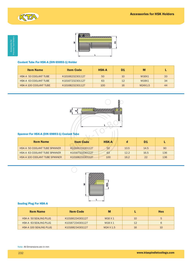 KTA Coolant Tube for HSK-A Holder