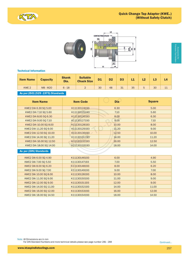 KTA Quick Change Tap Adaptor (KWE 2) (Without Safety Clutch)