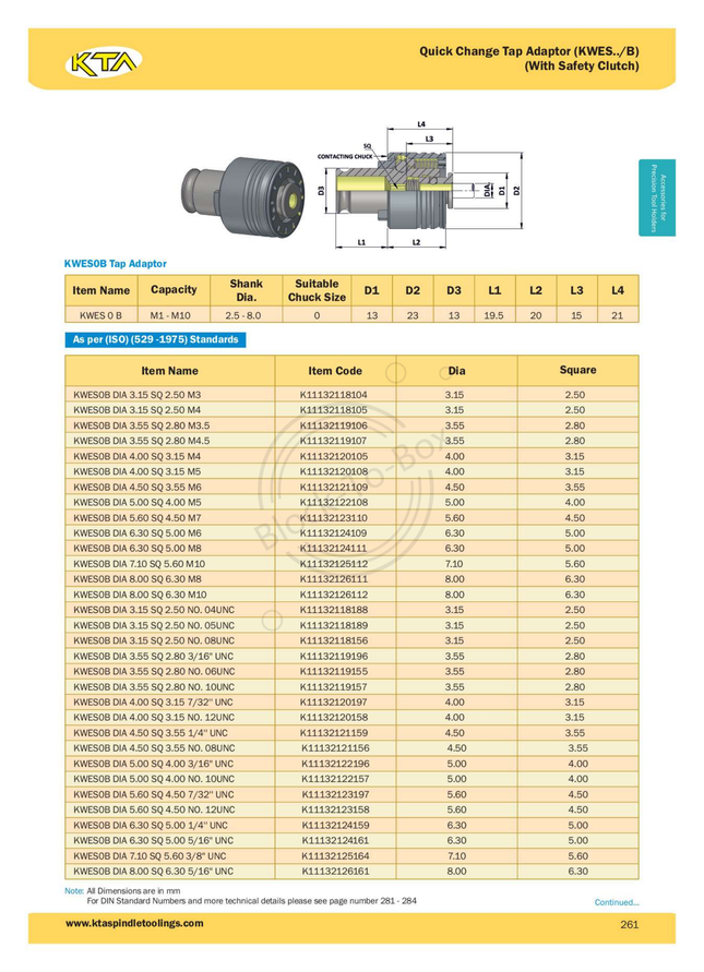 KTA Quick Change Tap Adaptor WithSafety Clutch (KWES 0 B)