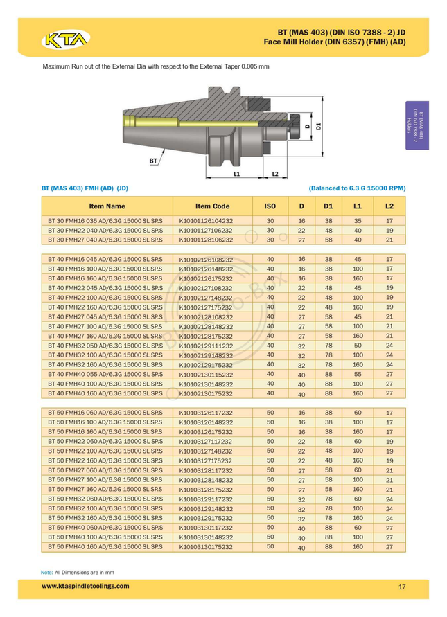 KTA BT30 Face Mill Holder(AD)