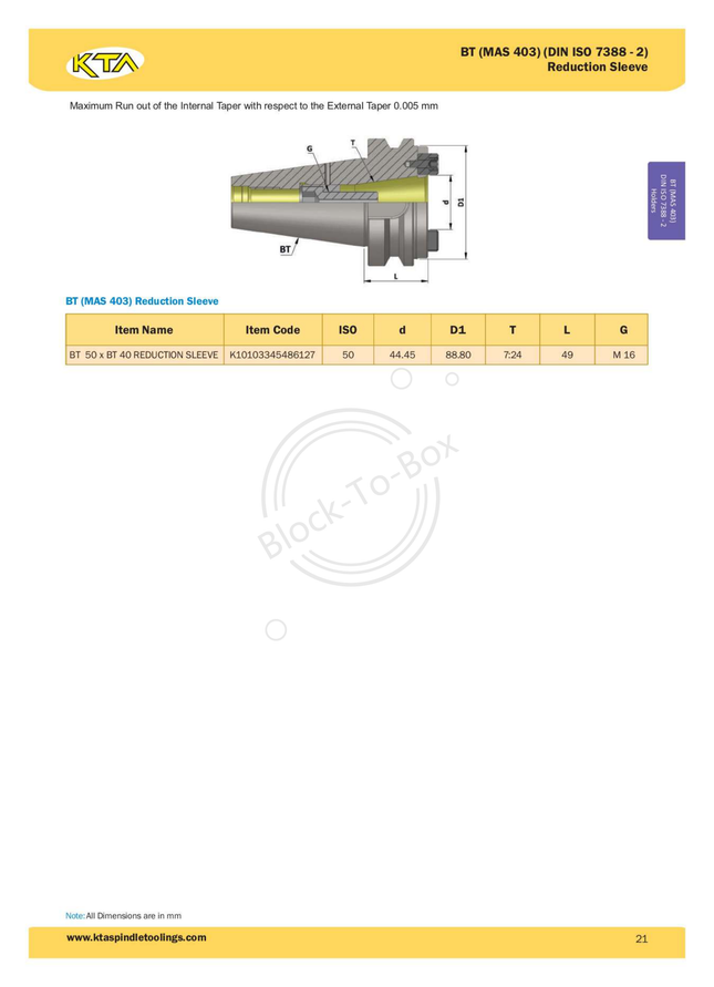 KTA BT50XBT40 Reduction Sleeve