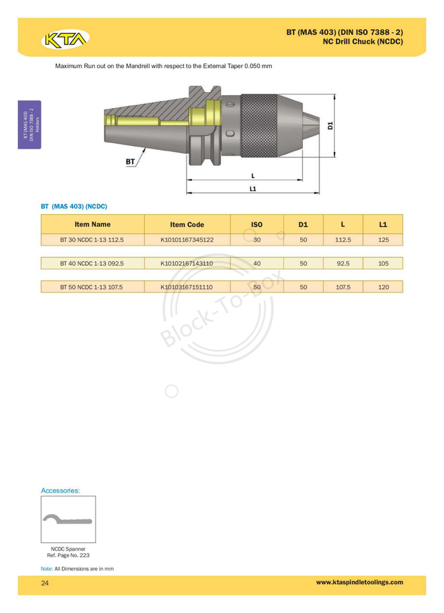 KTA BT50 NC Drill Chuck