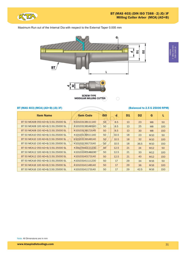 KTA BT50 Milling Cutting Arbor(AD+B)