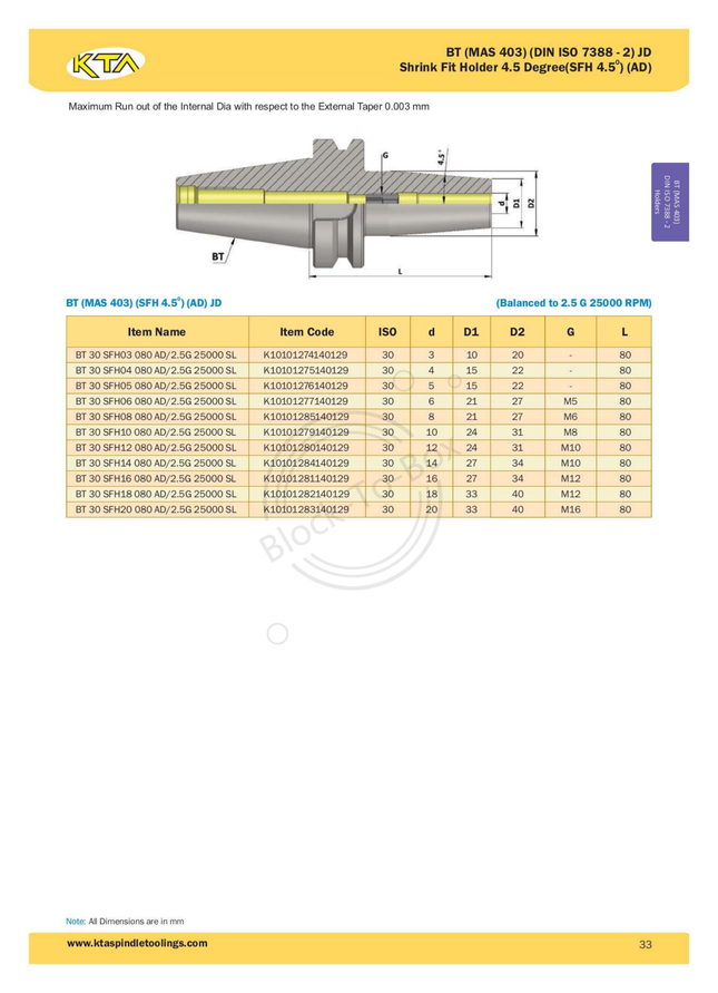 KTA BT30 Shrink Fit Holder 4.5 Degrees(AD)