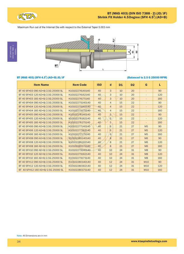 KTA BT40 Shrink Fit Holder 4.5 Degrees(AD+B)