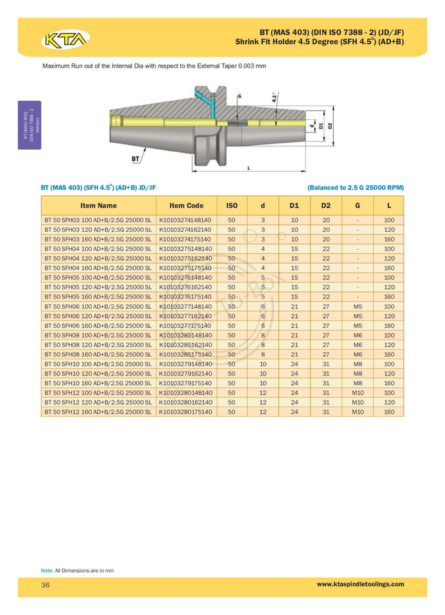 KTA BT50 Shrink Fit Holder 4.5 Degrees(AD+B)