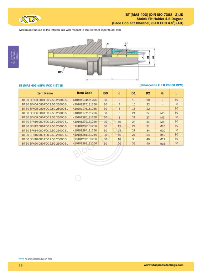 KTA BT30 Shrink Fit Holder 4.5 Degrees (Face Coolant Channel)(AD)