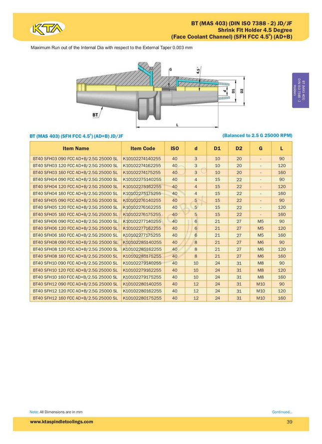 KTA BT40 Shrink Fit Holder 4.5 Degrees (Face Coolant Channel) (AD+B)