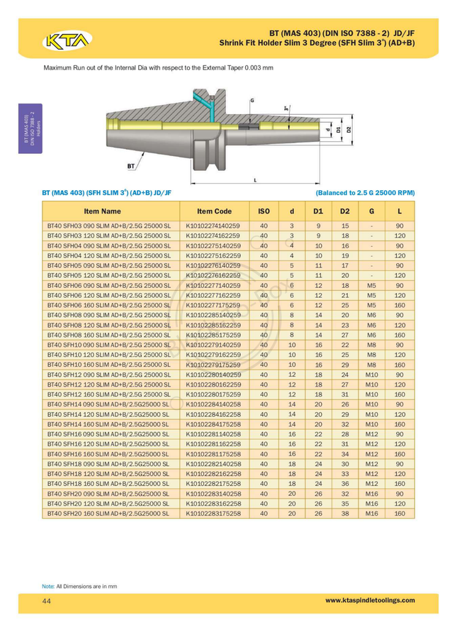 KTA BT40 Shrink Fit Slim 3 Degree Holder