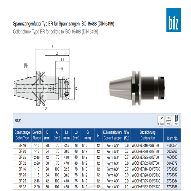 BILZ BT30 ER Collet Holder