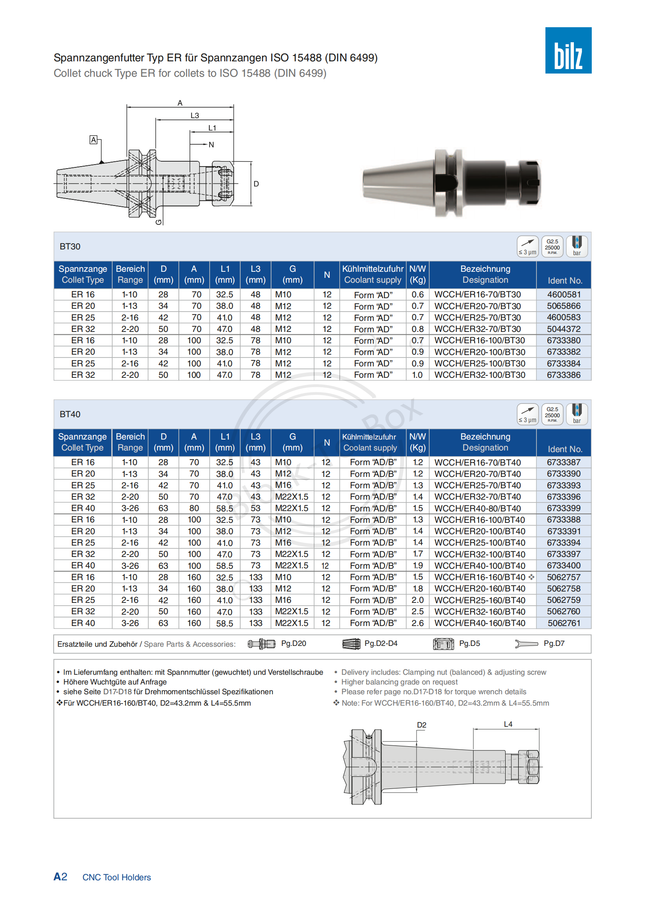 BILZ BT40 ER Collet Holder