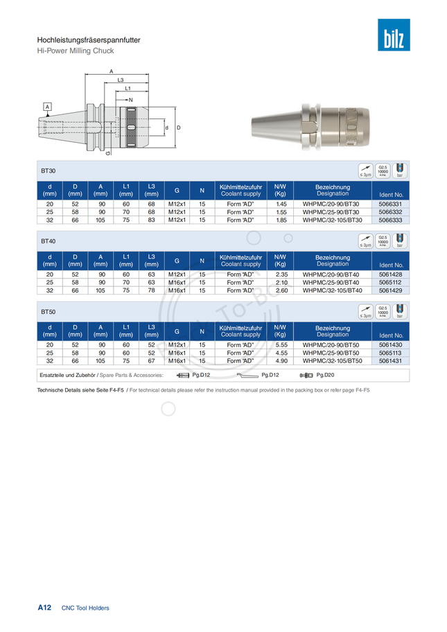 BILZ BT30 Hi-Power Milling Chuck