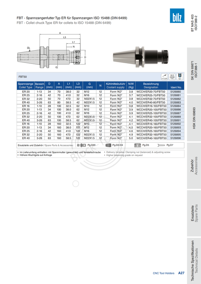 BILZ FBT50 ER Collet Holder