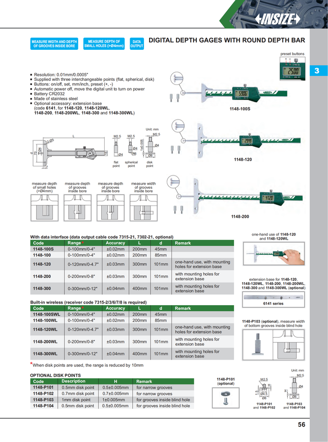 Insize Digital Depth Gage With Round Depth Bar-1148 Series