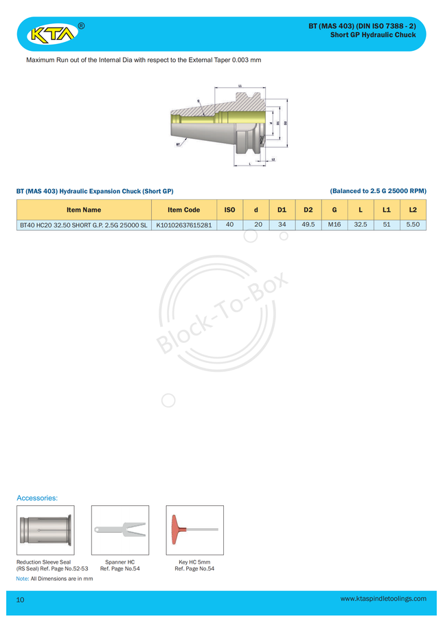 KTA BT40 Short GP Hydraulic Expansion Chuck Holder(AD)