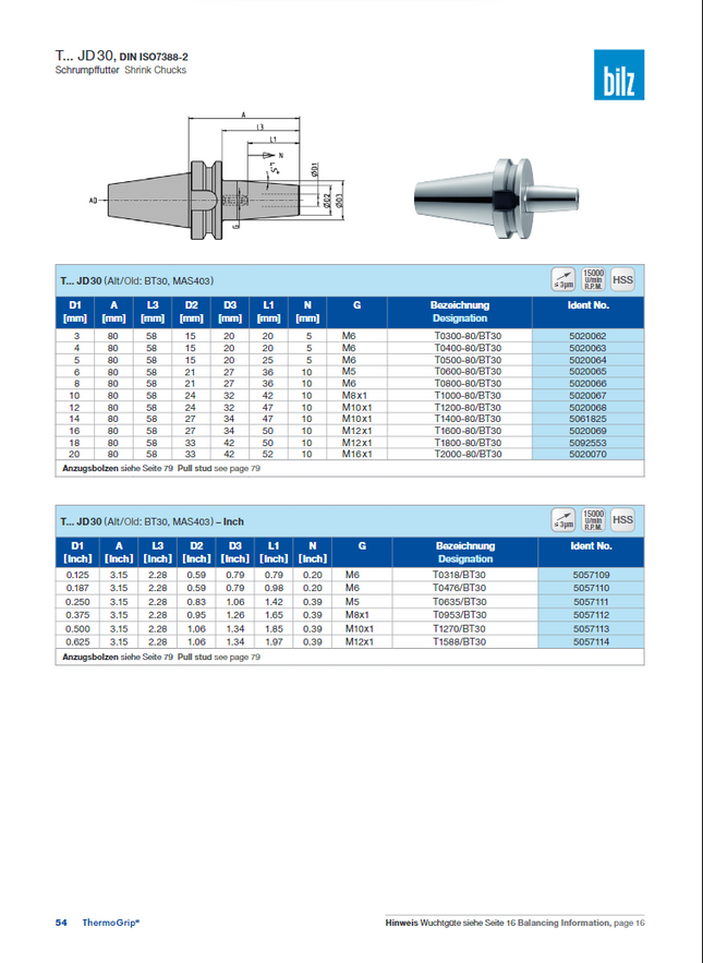 Bilz Shrink Fit Holders (BT30)