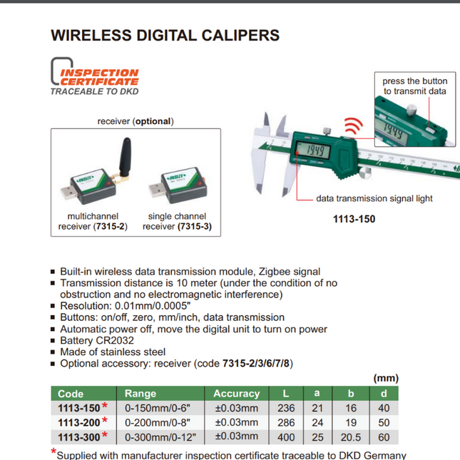 Insize Wireless Digital Calipers-1113 Series