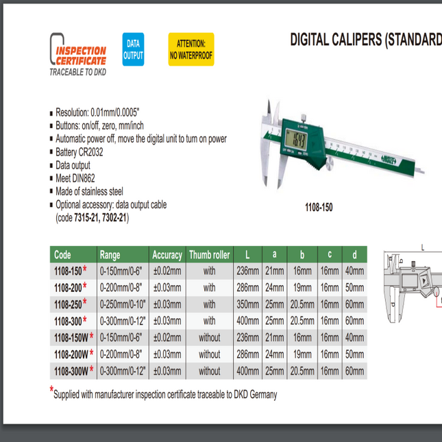 Insize Digital Calipers (Standard Type)-1108 Series