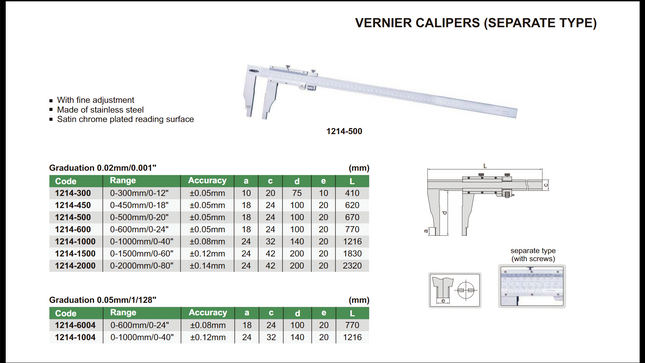 Insize Vernier Calipers-Long Range (Separate Type)-1214 Series